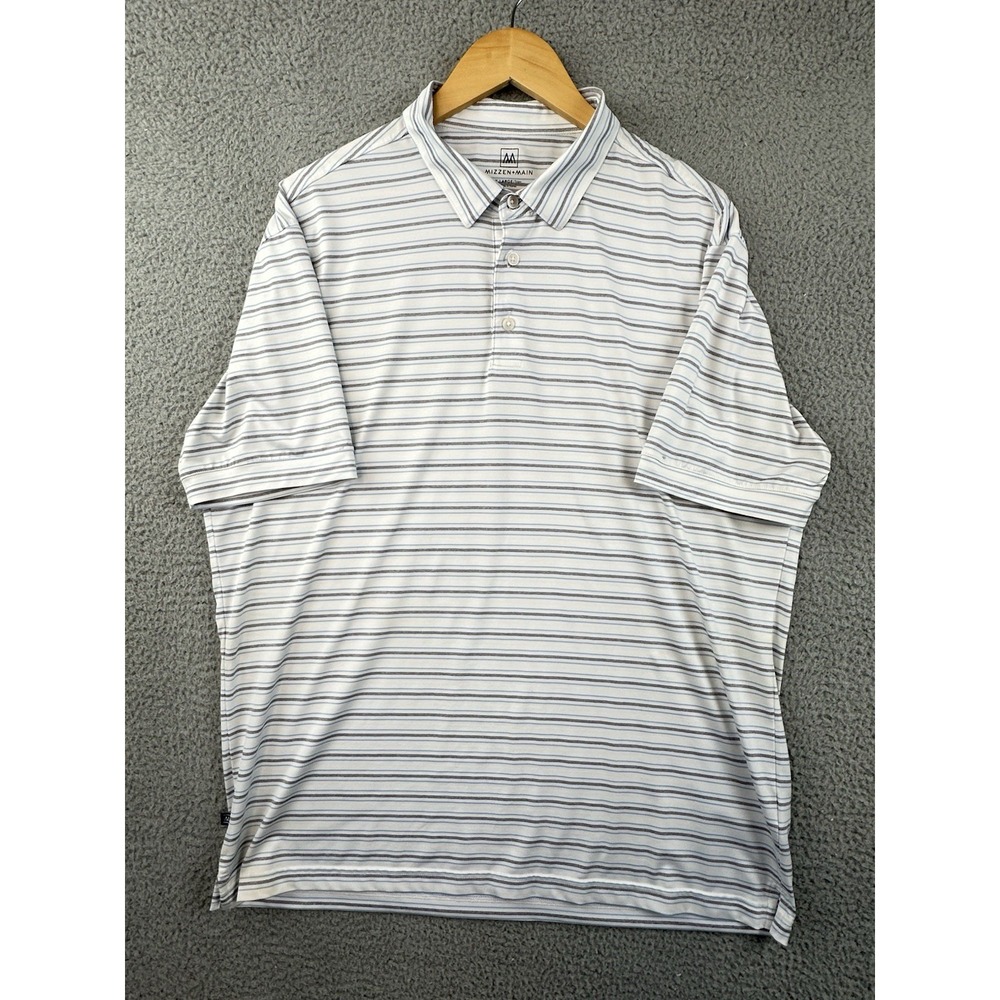 Mizzen + Main Polo Shirt Men's XL Trim Stretch Blue White Stripe Short Sleeve